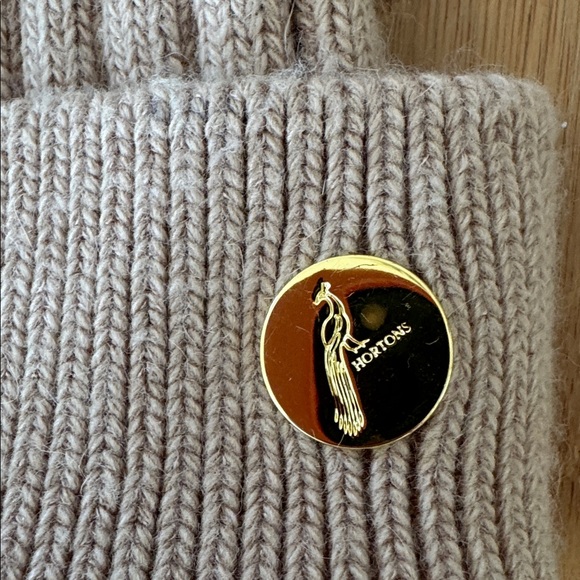Hortons England Cashmere Wool Ribbed Knit Beanie Faux Fur Pompom Beige One Size‎